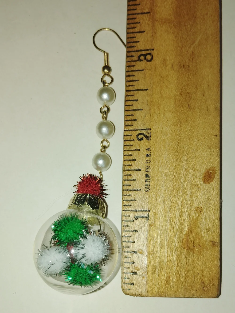 Handmade Pearl Drop Earrings with Red, Green & White Festive Balls Ornaments